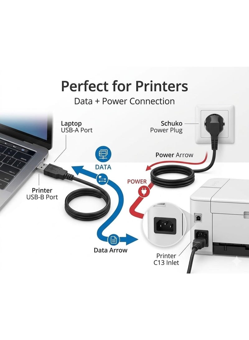 كابل طابعة USB A to B + كابل باور C13 بطول 1.2 متر – Printer Cable & Power Cord Set متوافق مع HP Canon Epson Brother – لون أسود - Image 2