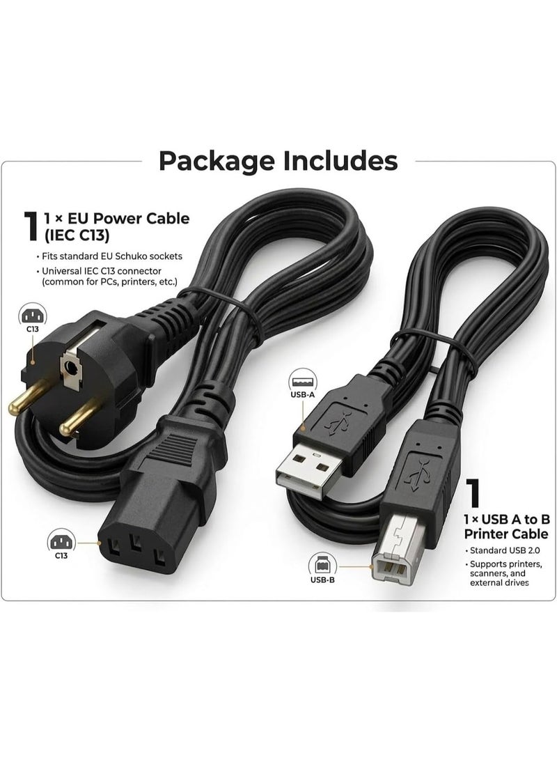 كابل طابعة USB A to B + كابل باور C13 بطول 1.2 متر – Printer Cable & Power Cord Set متوافق مع HP Canon Epson Brother – لون أسود - Image 4
