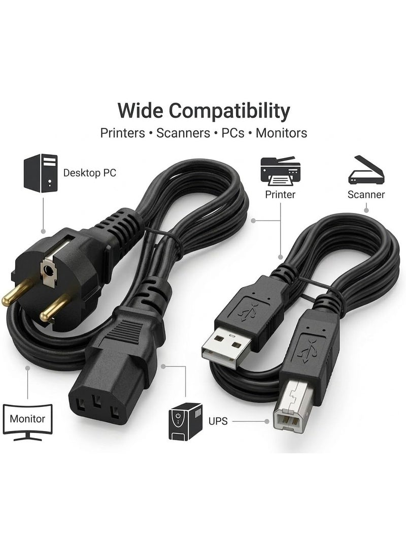 كابل طابعة USB A to B + كابل باور C13 بطول 1.2 متر – Printer Cable & Power Cord Set متوافق مع HP Canon Epson Brother – لون أسود - Image 5