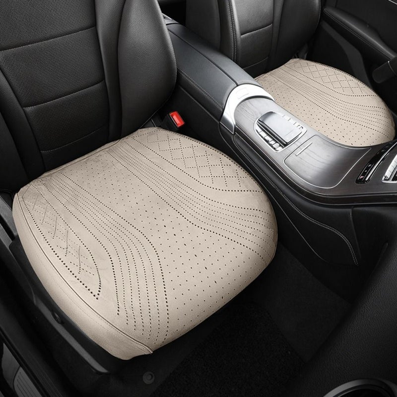 Beige Universal Car Seat Cushion PU Leather Front Single Seat Saddle Pad All Seasons High End Interior Upgrade Warm Winter Cool Summer - Image 3