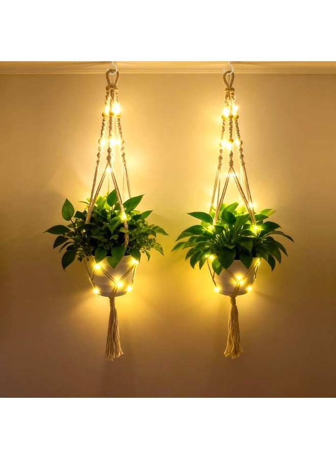 Loscarol 2 Pack Macrame Plant Hanger with Lights and 2Pcs Hooks, Indoor Boho Plant Hanger with Remote, Flower Pot Holder Handwoven Cotton Rope Tassels for Boho Home Window Decor (Pots Not Included) - Image 1