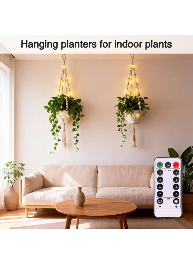 Loscarol 2 Pack Macrame Plant Hanger with Lights and 2Pcs Hooks, Indoor Boho Plant Hanger with Remote, Flower Pot Holder Handwoven Cotton Rope Tassels for Boho Home Window Decor (Pots Not Included) - Image 3