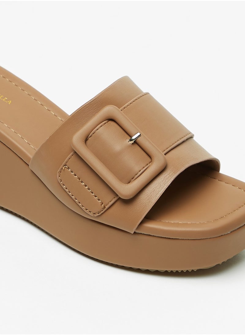 Flora Bella By Shoexpress - Womens Solid Slide Sandals with Wedge Heels and Buckle Accent - Image 1