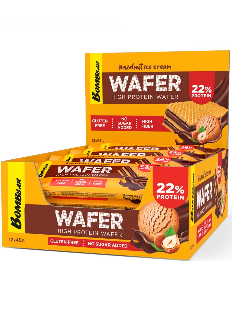 BOMBBAR High Protein Wafer with Hazelnut Ice Cream Flavor, Gluten Free, High Fiber and No Sugar Added 12x45g  - Image 1
