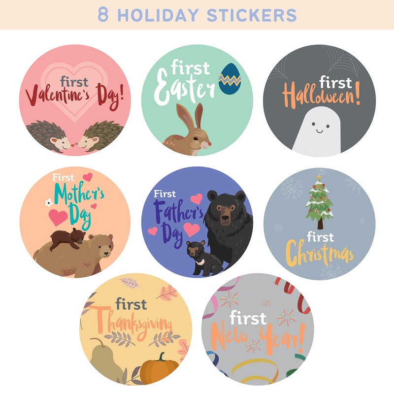 RubyRoo Baby ملصقات milestones للأطفال من روبي رو - ملصقات شهرية للصبي - 28 حزمة - تشمل 12 شهراً، milestones للسنة الأولى وأول عطلات - هدية مثالية لحفلات استقبال المواليد وأعياد ميلاد حديثي الولادة (غابة) - Image 5
