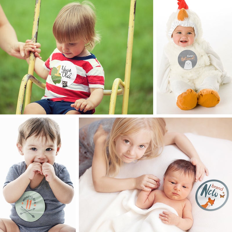 RubyRoo Baby ملصقات milestones للأطفال من روبي رو - ملصقات شهرية للصبي - 28 حزمة - تشمل 12 شهراً، milestones للسنة الأولى وأول عطلات - هدية مثالية لحفلات استقبال المواليد وأعياد ميلاد حديثي الولادة (غابة) - Image 2