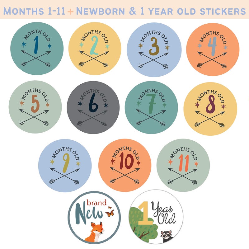 RubyRoo Baby ملصقات milestones للأطفال من روبي رو - ملصقات شهرية للصبي - 28 حزمة - تشمل 12 شهراً، milestones للسنة الأولى وأول عطلات - هدية مثالية لحفلات استقبال المواليد وأعياد ميلاد حديثي الولادة (غابة) - Image 3