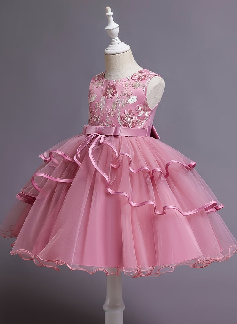 Elegant Girls' Sleeveless Floral Embroidery Princess Dress — Frock for Girls, Girl Dress, Party Wear Dress for Girls, Birthday Dress for Girl, Clothes for Kids Girls, Pink Dress for Girls, Kids Girl Dress — Dark Pink, 120cm (7-8Y) - Image 3