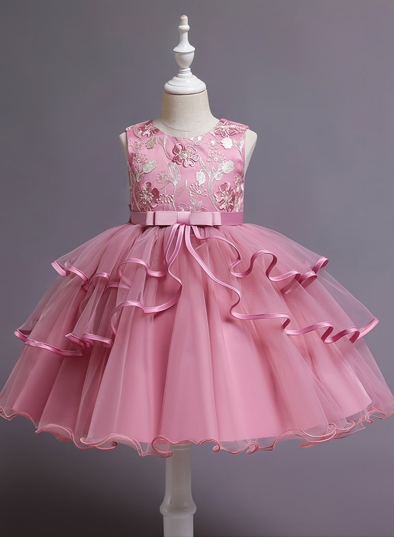 Elegant Girls' Sleeveless Floral Embroidery Princess Dress — Frock for Girls, Girl Dress, Party Wear Dress for Girls, Birthday Dress for Girl, Clothes for Kids Girls, Pink Dress for Girls, Kids Girl Dress — Dark Pink, 120cm (7-8Y) - Image 2