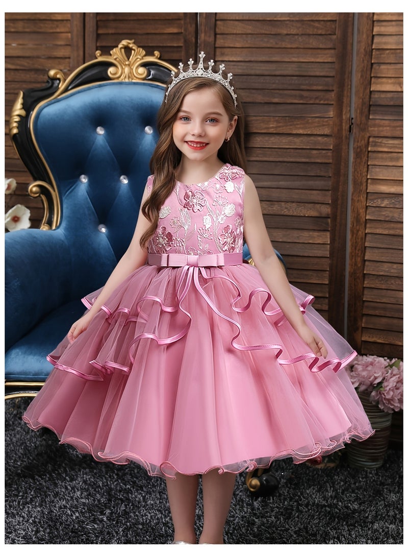 Elegant Girls' Sleeveless Floral Embroidery Princess Dress — Frock for Girls, Girl Dress, Party Wear Dress for Girls, Birthday Dress for Girl, Clothes for Kids Girls, Pink Dress for Girls, Kids Girl Dress — Dark Pink, 120cm (7-8Y) - Image 1