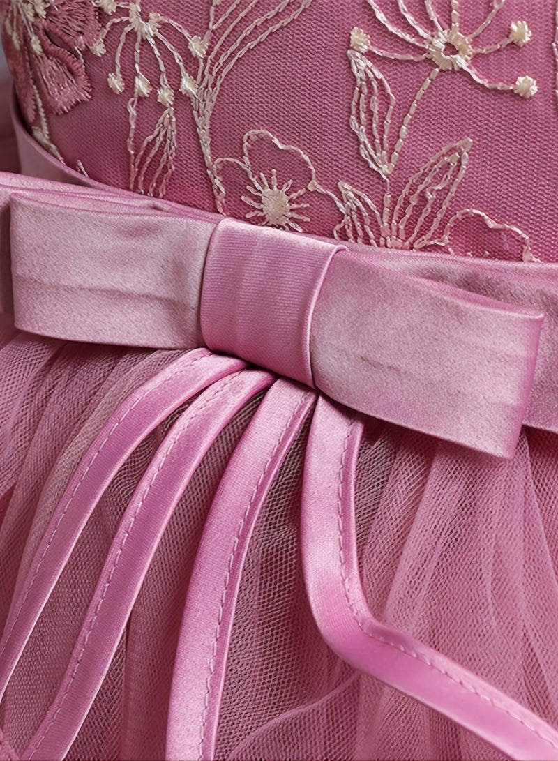 Elegant Girls' Sleeveless Floral Embroidery Princess Dress — Frock for Girls, Girl Dress, Party Wear Dress for Girls, Birthday Dress for Girl, Clothes for Kids Girls, Pink Dress for Girls, Kids Girl Dress — Dark Pink, 120cm (7-8Y) - Image 5