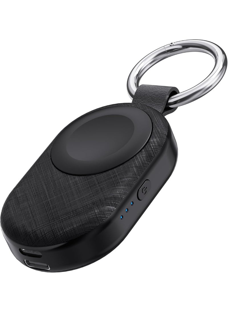 PZOZ Portable Apple Watch Charger, 2000mAh Mini Power Bank 5W Wireless Fast Charging for Apple Watch Series 11 10 9 Ultra 8 7 6 5 4 SE, Travel iWatch Charger with Keychain (Type C+Lightning) (Black) - Image 1