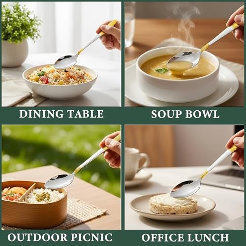 Parage 6 Pieces Stainless Steel 24k Golden Spoons Set, 18 cm Long, Premium Spoons for Home & Kitchen, Luxury Dining Tableware Gift for House Warming,24 Karat Gold Plated Big Spoons, Ivory Design - Image 5