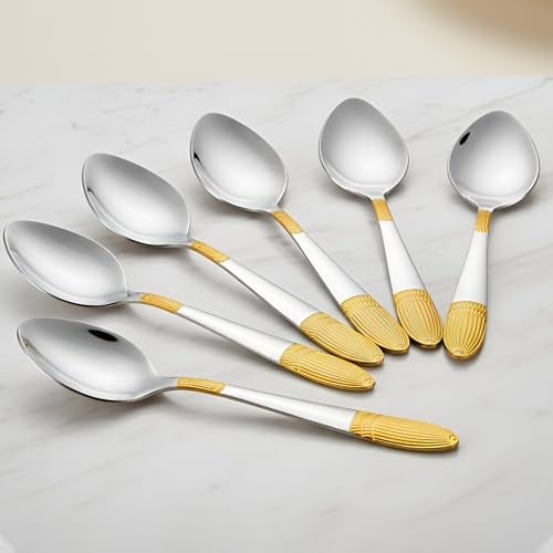 Parage 6 Pieces Stainless Steel 24k Golden Spoons Set, 18 cm Long, Premium Spoons for Home & Kitchen, Luxury Dining Tableware Gift for House Warming,24 Karat Gold Plated Big Spoons, Ivory Design - Image 1