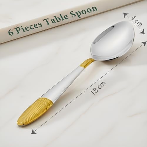 Parage 6 Pieces Stainless Steel 24k Golden Spoons Set, 18 cm Long, Premium Spoons for Home & Kitchen, Luxury Dining Tableware Gift for House Warming,24 Karat Gold Plated Big Spoons, Ivory Design - Image 4