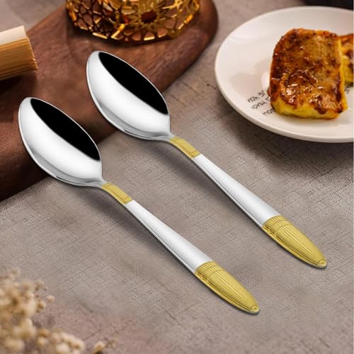 Parage 6 Pieces Stainless Steel 24k Golden Spoons Set, 18 cm Long, Premium Spoons for Home & Kitchen, Luxury Dining Tableware Gift for House Warming,24 Karat Gold Plated Big Spoons, Ivory Design - Image 2