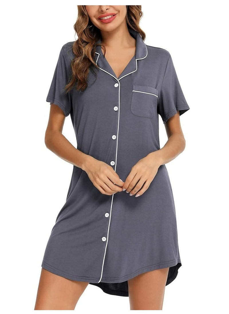 Generic - Nightgown for Women Sleep Shirt Short Long Sleeve Sleepwear Boyfriend Nightshirt Button Down Pajama Dress S-XXL - Image 1