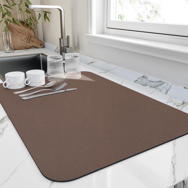 HotLive Dish Drying Mat for Kitchen Counter Heat Resistant Drainer Mats with Nonslip Rubber Backed Hide Stain Kitchen Super Absorbent Draining Mat Easy to Clean Dish Rack Pad Brown 18x32