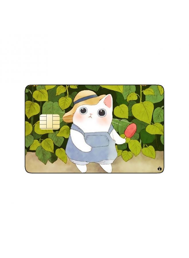 RKN PRINTED BANK CARD STICKER Cute White Cat Drawing With Flowers - Image 2