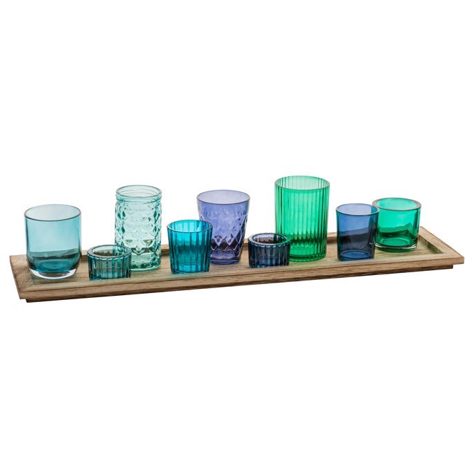 CREATIVE COOP WOOD TRAY WITH 9 BLUE GREEN GLASS VOTIVE HOLDERS