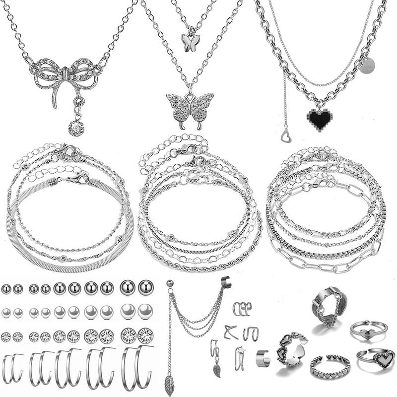 IFNODO 47pcs Silver Jewelry Set With 3 PCS Necklace, 11 PCS Bracelet,20pcs Hoop Stud Earrings,7pcs rings set For Women For Birthday Gifts - Image 1