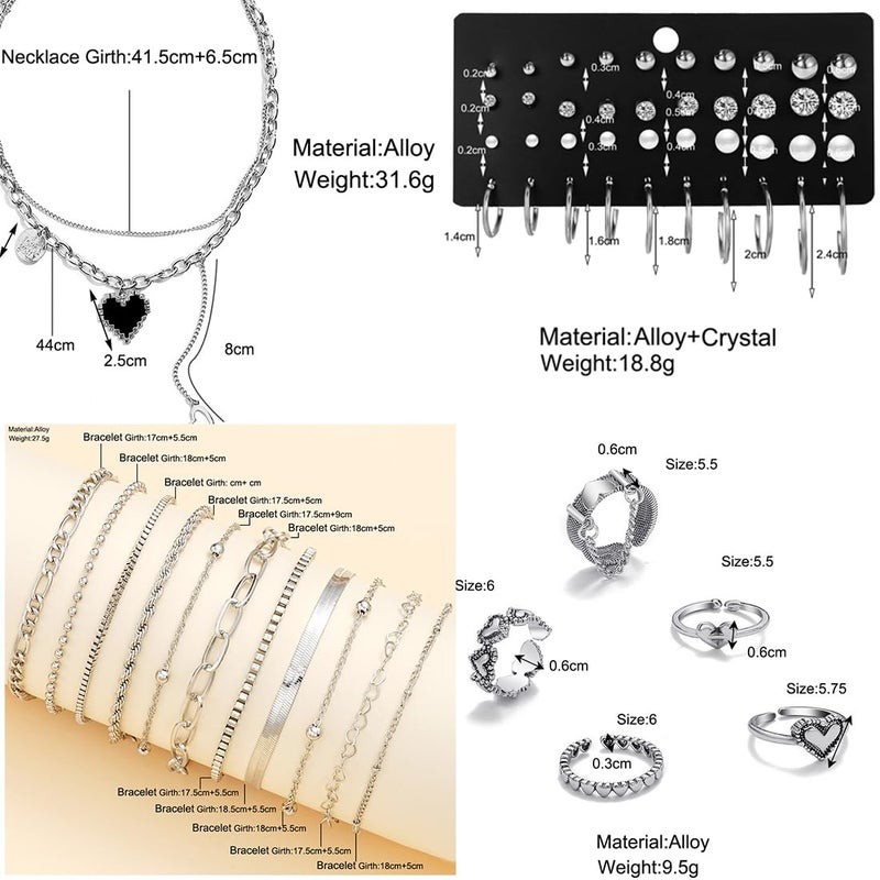 IFNODO 47pcs Silver Jewelry Set With 3 PCS Necklace, 11 PCS Bracelet,20pcs Hoop Stud Earrings,7pcs rings set For Women For Birthday Gifts - Image 2