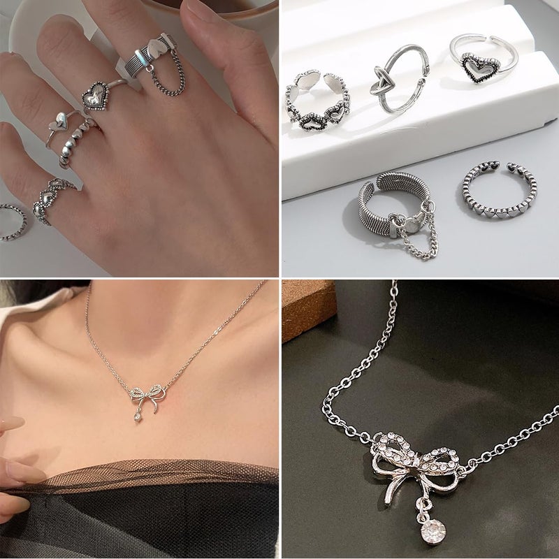 IFNODO 47pcs Silver Jewelry Set With 3 PCS Necklace, 11 PCS Bracelet,20pcs Hoop Stud Earrings,7pcs rings set For Women For Birthday Gifts - Image 5