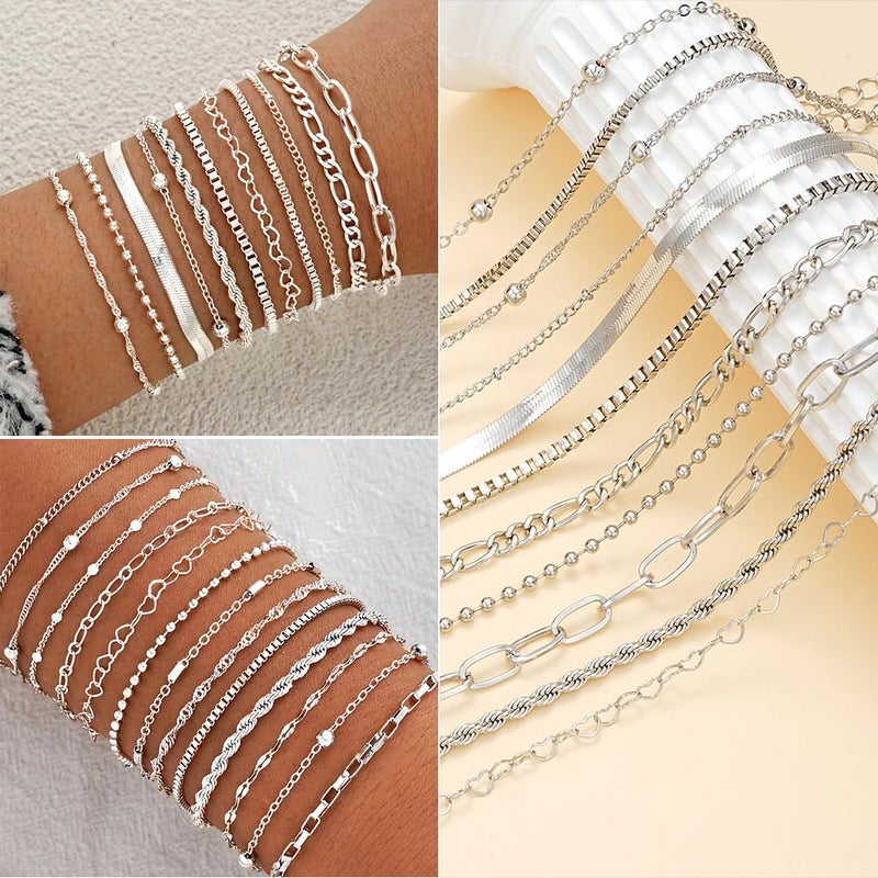 IFNODO 47pcs Silver Jewelry Set With 3 PCS Necklace, 11 PCS Bracelet,20pcs Hoop Stud Earrings,7pcs rings set For Women For Birthday Gifts - Image 4