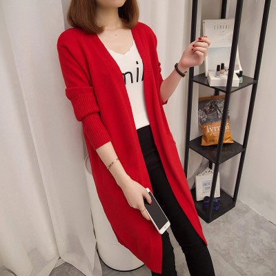 Korean Style Loose Knit Cardigan Womens Mid-Length Spring Autumn Coat Black  - Image 2