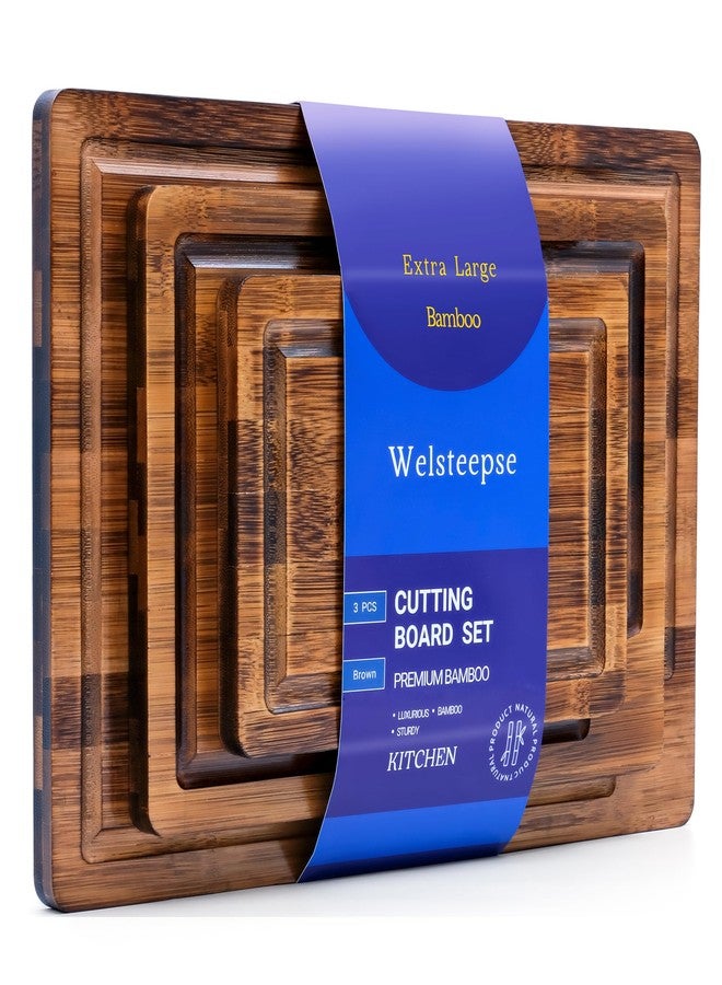 ألواح تقطيع من الخيزران من welsteepse، (مجموعة من 3 قطع) مع مجرى للعصارة، مجموعة ألواح تقطيع من خشب الخيزران للحوم والفواكه والجبن - Image 2