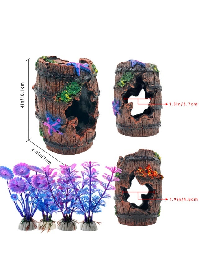 Generic Fish Tank Decoration Betta Fish Tank Decorations Accessories for Aquarium Tank, Starfish Barrel x 1pc, Aquatic Plants x 4pcs  - Image 3