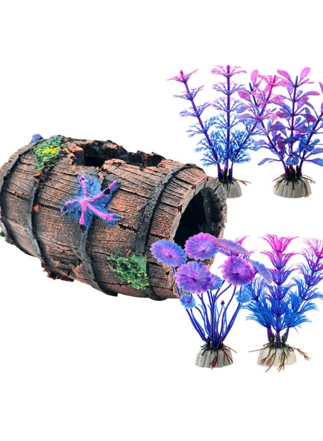 Generic Fish Tank Decoration Betta Fish Tank Decorations Accessories for Aquarium Tank, Starfish Barrel x 1pc, Aquatic Plants x 4pcs  - Image 1