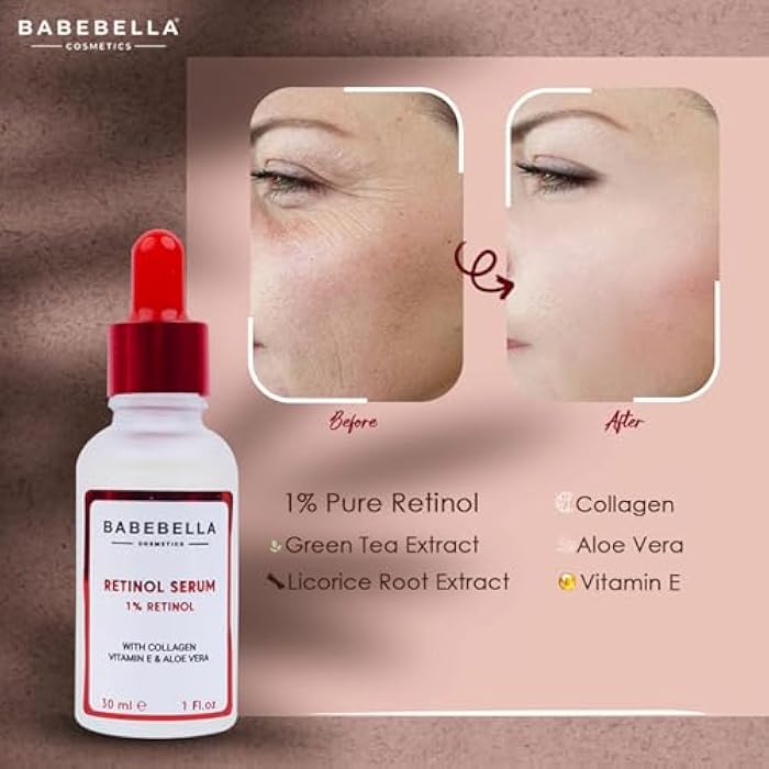Babebella Cosmetics Retinol Serum, Advanced Formula with Collagen, Vitamine E & Aloe Vera, Anti-Aging Face Serum for Wrinkle Reduction, Firming, and Deep Hydration, Smooths Fine Lines, 30ml - Image 3