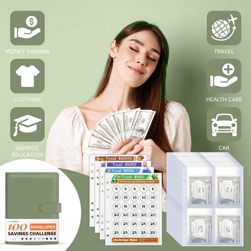 DONBAO 100 Envelopes Money Saving Challenge Binder, A5 Budget Binder with Envelopes and Challenge Tracker, Savings Challenges Planner Book to Save $500, $1000, $5050, $10000 (Olive Green) - Image 2