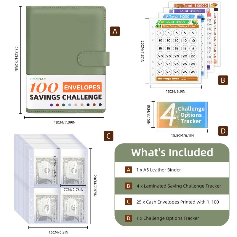 DONBAO 100 Envelopes Money Saving Challenge Binder, A5 Budget Binder with Envelopes and Challenge Tracker, Savings Challenges Planner Book to Save $500, $1000, $5050, $10000 (Olive Green) - Image 3