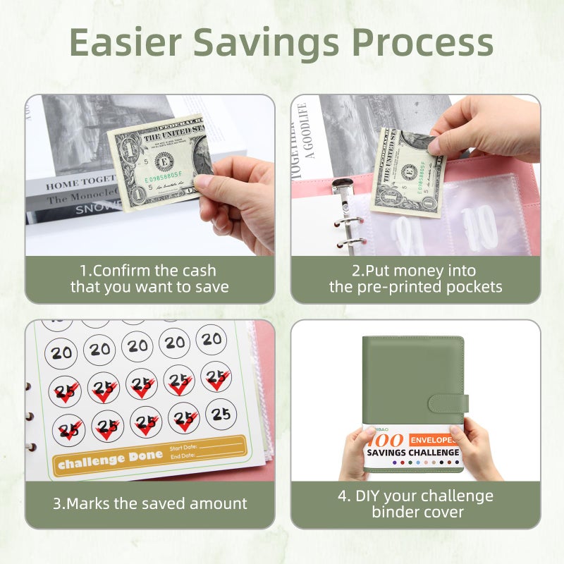 DONBAO 100 Envelopes Money Saving Challenge Binder, A5 Budget Binder with Envelopes and Challenge Tracker, Savings Challenges Planner Book to Save $500, $1000, $5050, $10000 (Olive Green) - Image 5