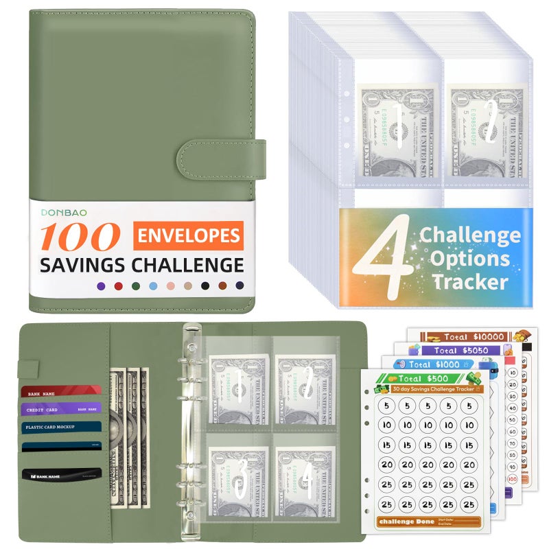 DONBAO 100 Envelopes Money Saving Challenge Binder, A5 Budget Binder with Envelopes and Challenge Tracker, Savings Challenges Planner Book to Save $500, $1000, $5050, $10000 (Olive Green) - Image 1