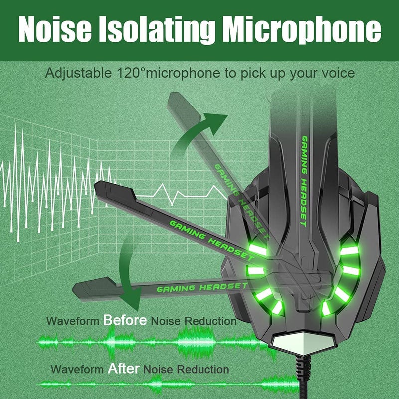 BENGOO G9000 Stereo Gaming Headset for PS4 PC Xbox One PS5 Controller, Noise Cancelling Over Ear Headphones with Mic, LED Light, Bass Surround, Soft Memory Earmuffs for Laptop Mac - Green - Image 4