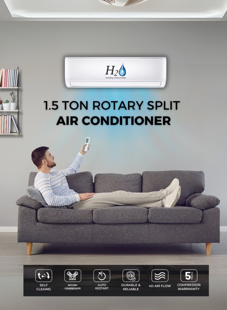 H2O 1.5 Ton Rotary Split Air Conditioner – Model H2AC18K3S | T3 Tropical Compressor | Fast Cooling | 4-Way Swing | Energy Efficient | R410A Refrigerant | Auto Restart | Gold Fin Technology – Ideal for Medium to Large Rooms - Image 1