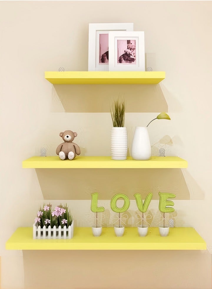 DUNISO 3 Pieces of Wall mounted floating shelves, storage rack, display rack, no need for drilling, suitable for bedrooms, living rooms, bathrooms, kitchens, offices，yellow  - Image 1