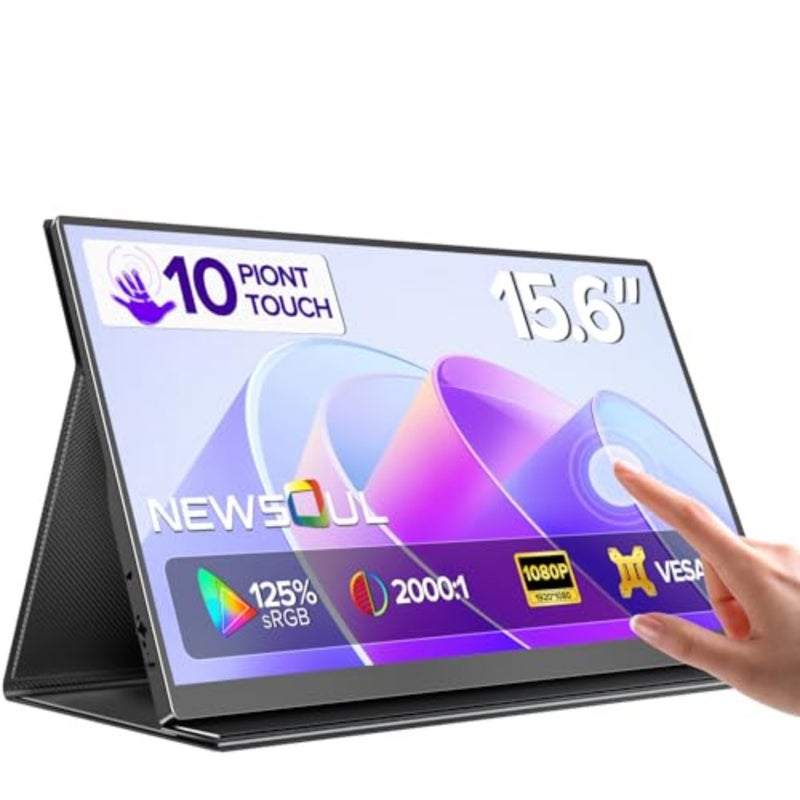 Newsoul 15.6 Touchscreen Portable Monitor, 125 sRGB FHD 1080P IPS 10-Point Touch Display, USB-C HDMI, Ultra-Thin Travel Monitor with Smart Case VESA for Laptop, PC Game Consoles - Image 1