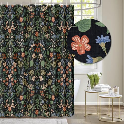 Tititex Boho Rustic Floral Black Faux Linen Shower Curtain, Vintage Watercolor Leaves with Flowers Bathroom Decoration Shower Curtain Sets 71x71 Inch with Hooks - Image 1