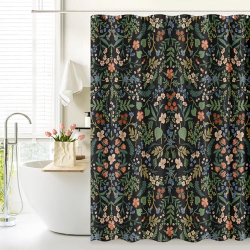 Tititex Boho Rustic Floral Black Faux Linen Shower Curtain, Vintage Watercolor Leaves with Flowers Bathroom Decoration Shower Curtain Sets 71x71 Inch with Hooks - Image 3