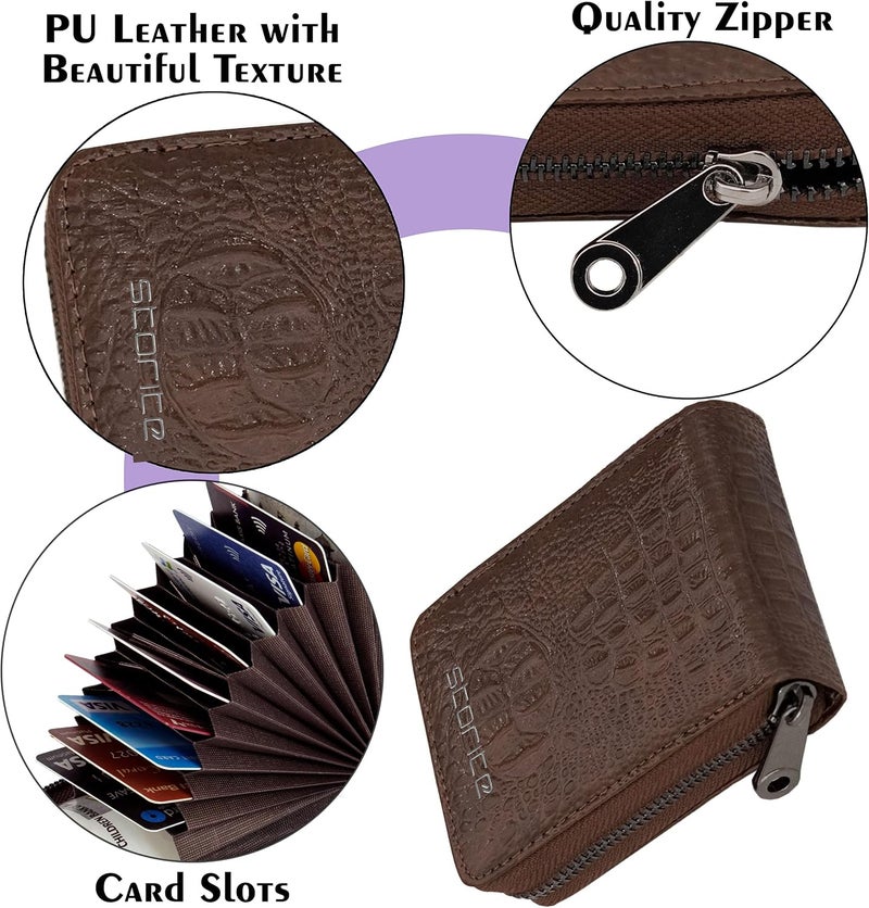 Storite 9 Slot Textured Credit Debit Card Holder Money Wallet Zipper Coin Purse for Men Women (Brown, 11.5 x 8 x 2cm) - Image 4