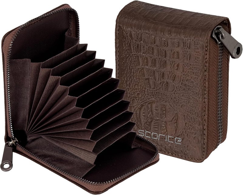 Storite 9 Slot Textured Credit Debit Card Holder Money Wallet Zipper Coin Purse for Men Women (Brown, 11.5 x 8 x 2cm) - Image 1