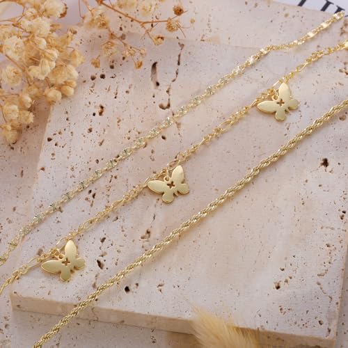 Rotnso Anklets for Women 14K Gold Plated Butterfly Ankle Bracelets Trendy Waterproof Boho Rope Figaro Chain Link Anklets Set Dainty Cute Charm Non Tarnish Summer Beach Jewelry Gift - Image 4