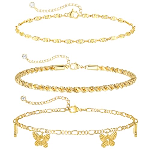 Rotnso Anklets for Women 14K Gold Plated Butterfly Ankle Bracelets Trendy Waterproof Boho Rope Figaro Chain Link Anklets Set Dainty Cute Charm Non Tarnish Summer Beach Jewelry Gift - Image 1