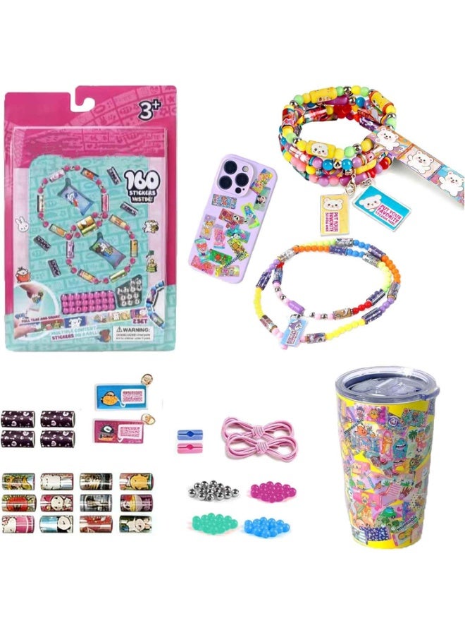 Sticker Jewelry Set,Kids Sticky Rolls Wearable Shared Sticker Jewelry Set,Includes 160 Reusable Mini Stickers and 2 Random Tags;DIY Bracelet & Necklace Gift Set Suitable for Children Aged 5 and Above - Image 1