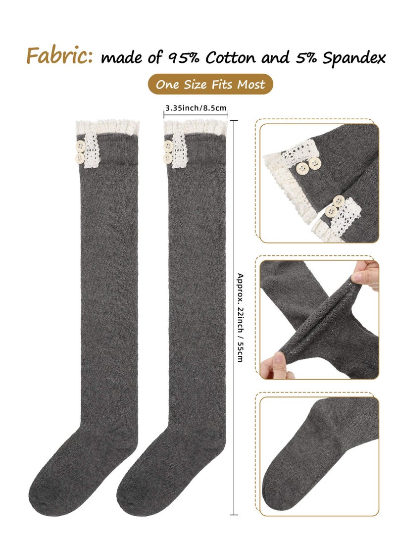 SYOSI 3 Pairs Women's Extra Long Button Boot Socks with Lace Trim Over the Knee Thigh High Lace Stockings - Image 4