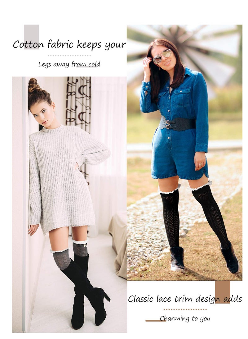SYOSI 3 Pairs Women's Extra Long Button Boot Socks with Lace Trim Over the Knee Thigh High Lace Stockings - Image 3